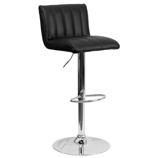 Genevieve Contemporary Black Vinyl Adjustable Height Barstool with Vertical Stitch Back/Seat and Chrome Base