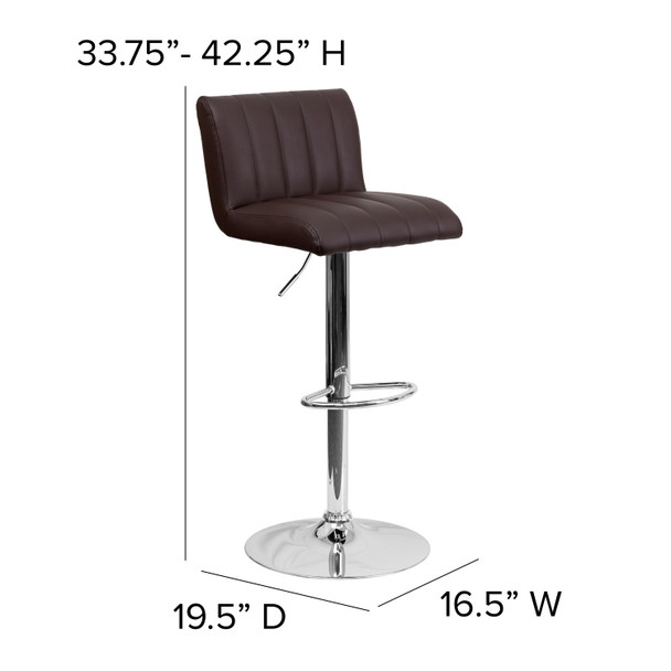 Contemporary Brown Vinyl Adjustable Height Barstool with Vertical Stitch Back/Seat and Chrome Base