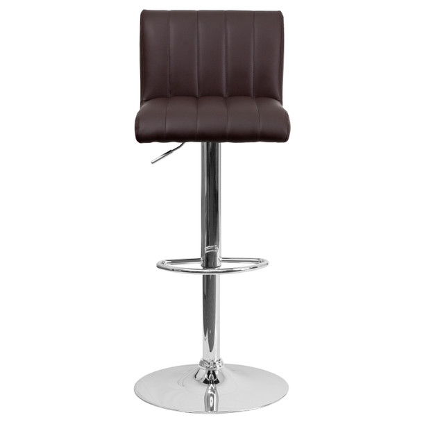 Contemporary Brown Vinyl Adjustable Height Barstool with Vertical Stitch Back/Seat and Chrome Base