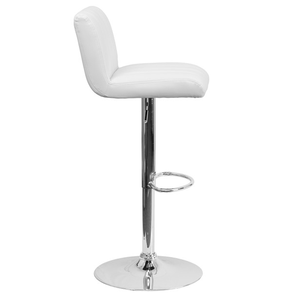 Genevieve Contemporary White Vinyl Adjustable Height Barstool with Vertical Stitch Back/Seat and Chrome Base