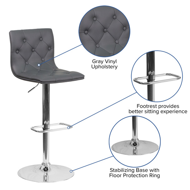 Sammie Contemporary Button Tufted Gray Vinyl Adjustable Height Barstool with Chrome Base