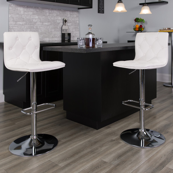 Sammie Contemporary Button Tufted White Vinyl Adjustable Height Barstool with Chrome Base