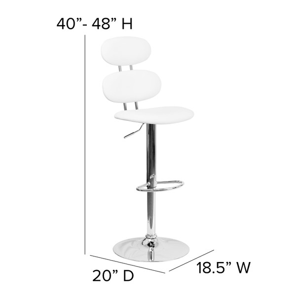 Dexter Contemporary White Vinyl Adjustable Height Barstool with Ellipse Back and Chrome Base