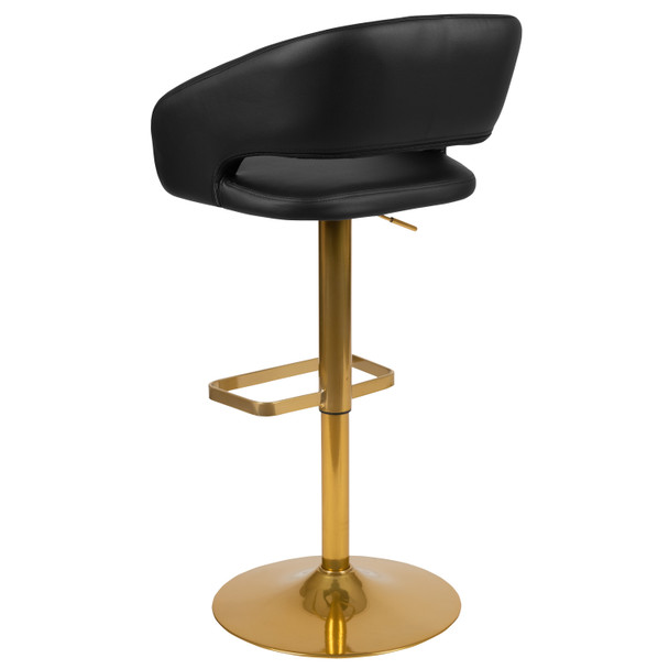 Erik Contemporary Black Vinyl Adjustable Height Barstool with Rounded Mid-Back and Gold Base