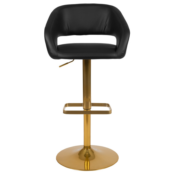 Erik Contemporary Black Vinyl Adjustable Height Barstool with Rounded Mid-Back and Gold Base