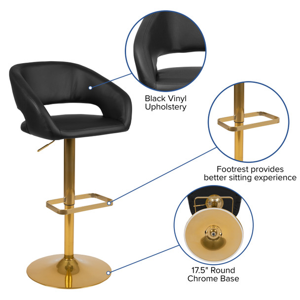 Erik Contemporary Black Vinyl Adjustable Height Barstool with Rounded Mid-Back and Gold Base