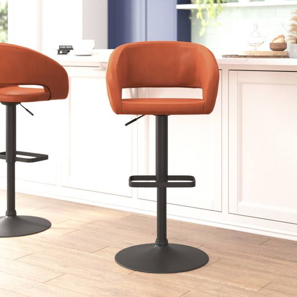 Erik Contemporary Cognac Vinyl Adjustable Height Barstool with Rounded Mid-Back and Black Base