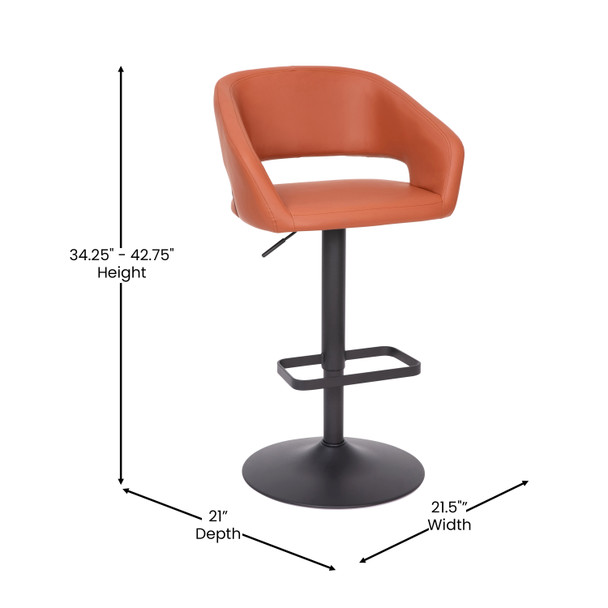 Erik Contemporary Cognac Vinyl Adjustable Height Barstool with Rounded Mid-Back and Black Base