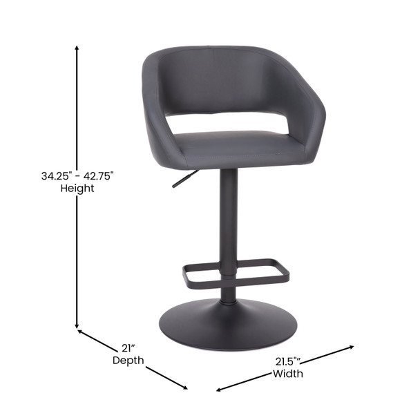 Erik Contemporary Gray Fabric Adjustable Height Barstool with Rounded Mid-Back and Black Base