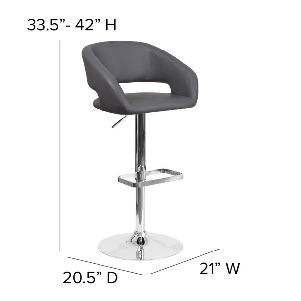 Erik Contemporary Gray Vinyl Adjustable Height Barstool with Rounded Mid-Back and Chrome Base