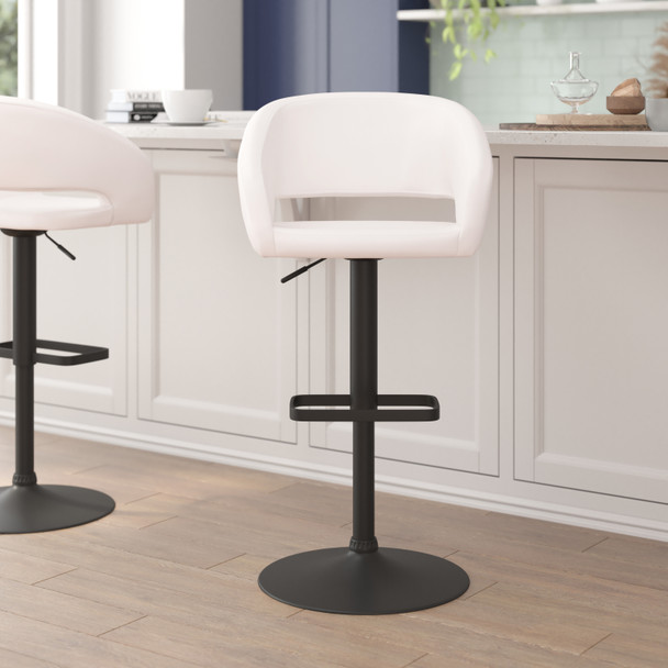 Erik Contemporary White Vinyl Adjustable Height Barstool with Rounded Mid-Back and Black Base