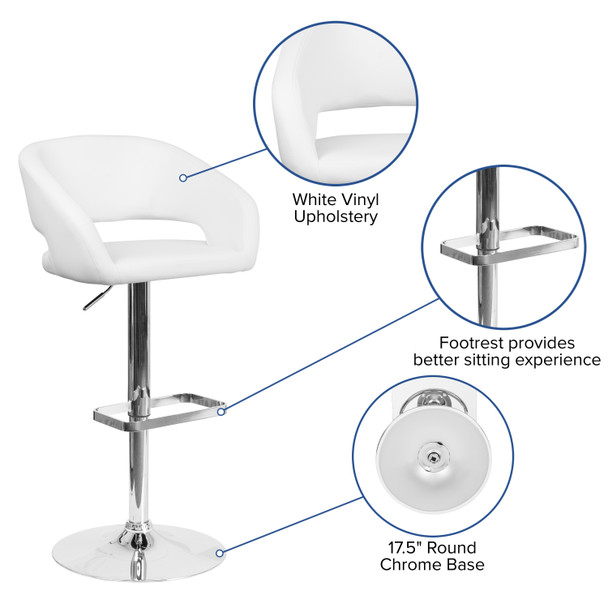 Erik Contemporary White Vinyl Adjustable Height Barstool with Rounded Mid-Back and Chrome Base