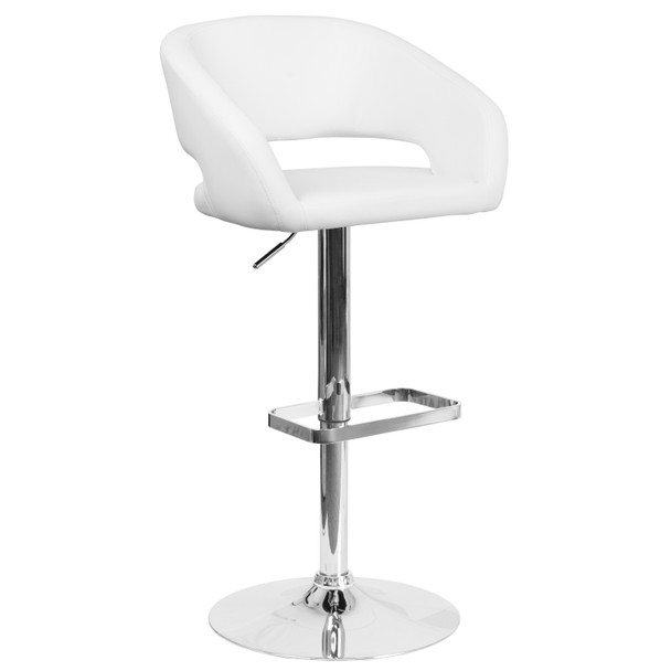 Erik Contemporary White Vinyl Adjustable Height Barstool with Rounded Mid-Back and Chrome Base