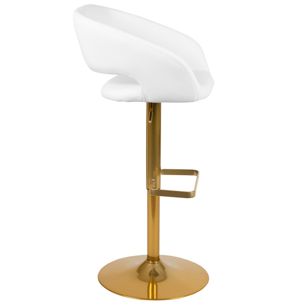 Erik Contemporary White Vinyl Adjustable Height Barstool with Rounded Mid-Back and Gold Base