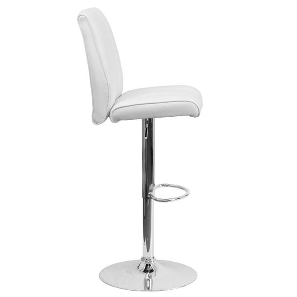 Charles Contemporary White Vinyl Adjustable Height Barstool with Vertical Stitch Panel Back and Chrome Base