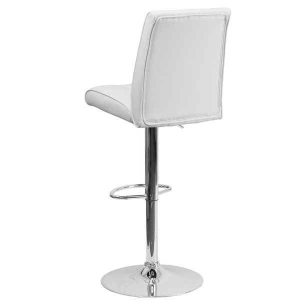 Charles Contemporary White Vinyl Adjustable Height Barstool with Vertical Stitch Panel Back and Chrome Base