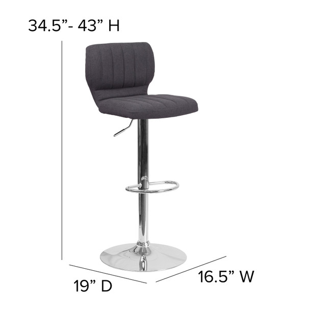 Jeremy Contemporary Charcoal Fabric Adjustable Height Barstool with Vertical Stitch Back and Chrome Base