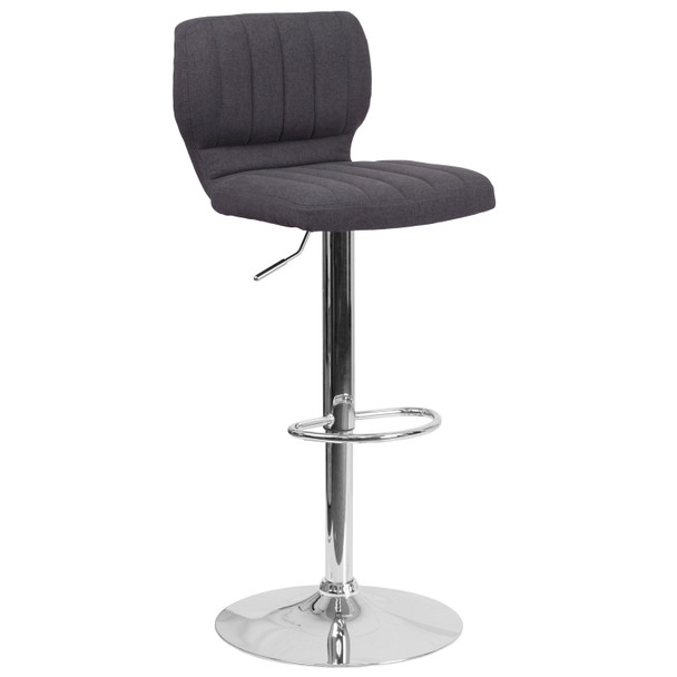 Jeremy Contemporary Charcoal Fabric Adjustable Height Barstool with Vertical Stitch Back and Chrome Base