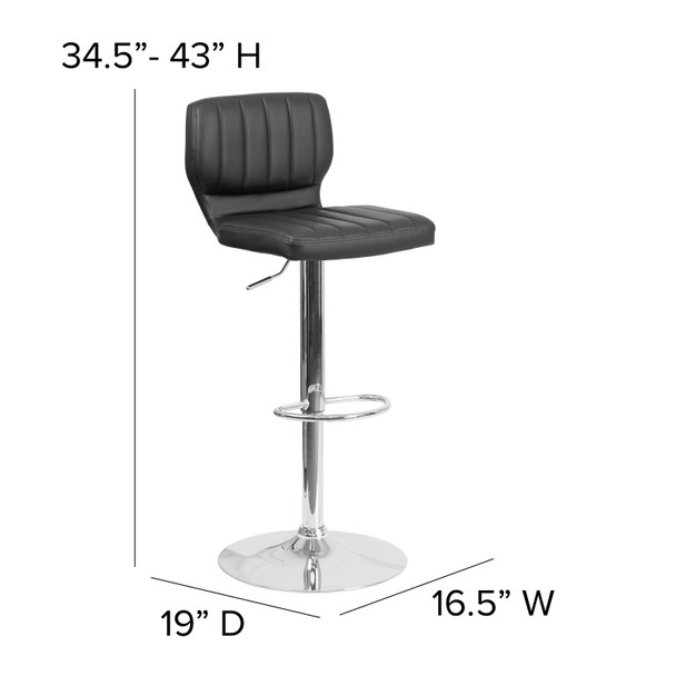Jeremy Contemporary Black Vinyl Adjustable Height Barstool with Vertical Stitch Back and Chrome Base