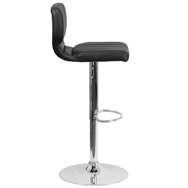 Jeremy Contemporary Black Vinyl Adjustable Height Barstool with Vertical Stitch Back and Chrome Base