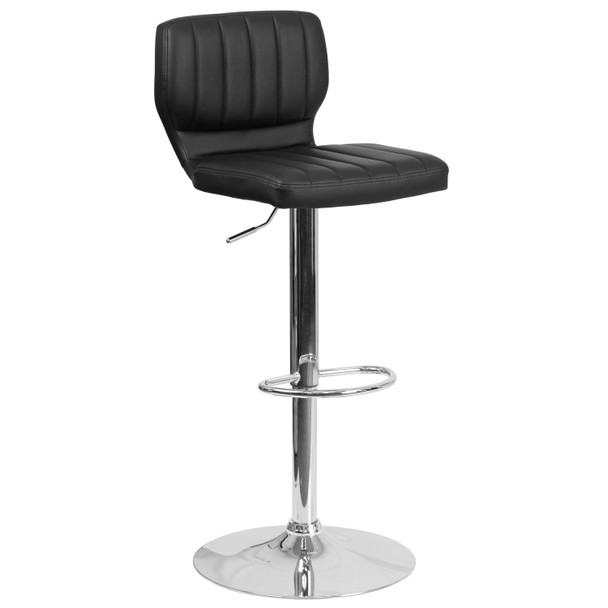 Jeremy Contemporary Black Vinyl Adjustable Height Barstool with Vertical Stitch Back and Chrome Base