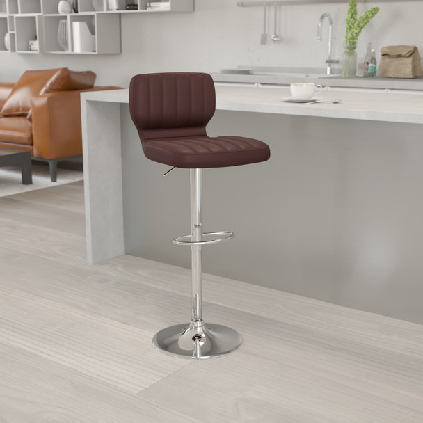 Jeremy Contemporary Brown Vinyl Adjustable Height Barstool with Vertical Stitch Back and Chrome Base