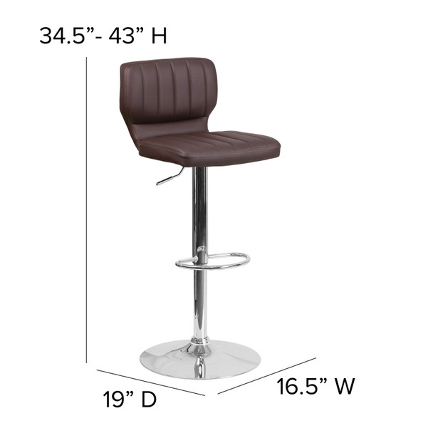 Jeremy Contemporary Brown Vinyl Adjustable Height Barstool with Vertical Stitch Back and Chrome Base