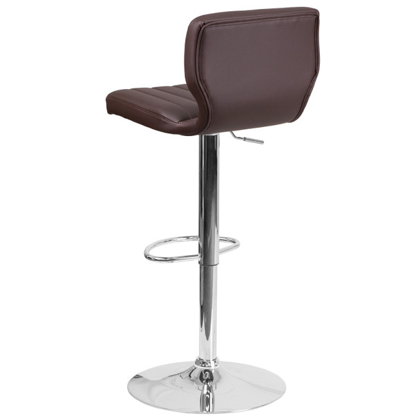 Jeremy Contemporary Brown Vinyl Adjustable Height Barstool with Vertical Stitch Back and Chrome Base