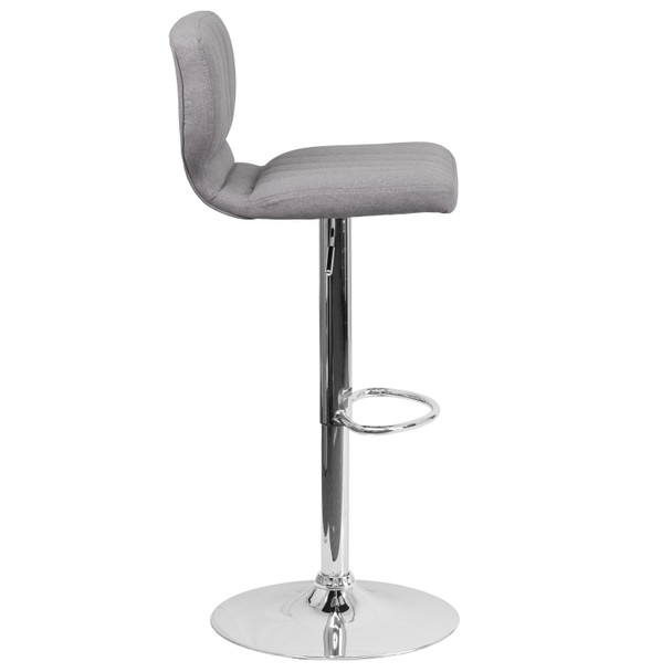 Jeremy Contemporary Gray Fabric Adjustable Height Barstool with Vertical Stitch Back and Chrome Base