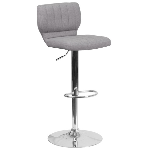 Jeremy Contemporary Gray Fabric Adjustable Height Barstool with Vertical Stitch Back and Chrome Base