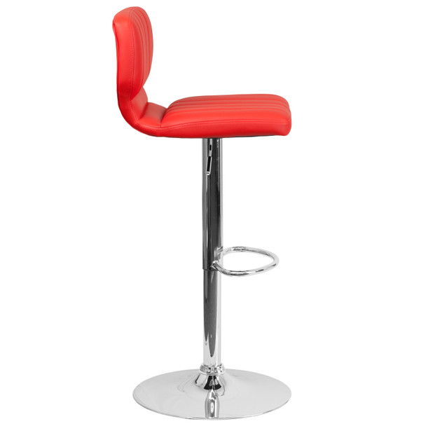 Jeremy Contemporary Red Vinyl Adjustable Height Barstool with Vertical Stitch Back and Chrome Base