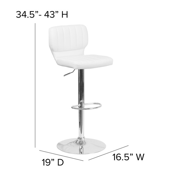 Jeremy Contemporary White Vinyl Adjustable Height Barstool with Vertical Stitch Back and Chrome Base