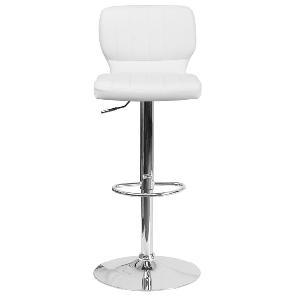 Jeremy Contemporary White Vinyl Adjustable Height Barstool with Vertical Stitch Back and Chrome Base