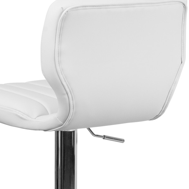 Jeremy Contemporary White Vinyl Adjustable Height Barstool with Vertical Stitch Back and Chrome Base