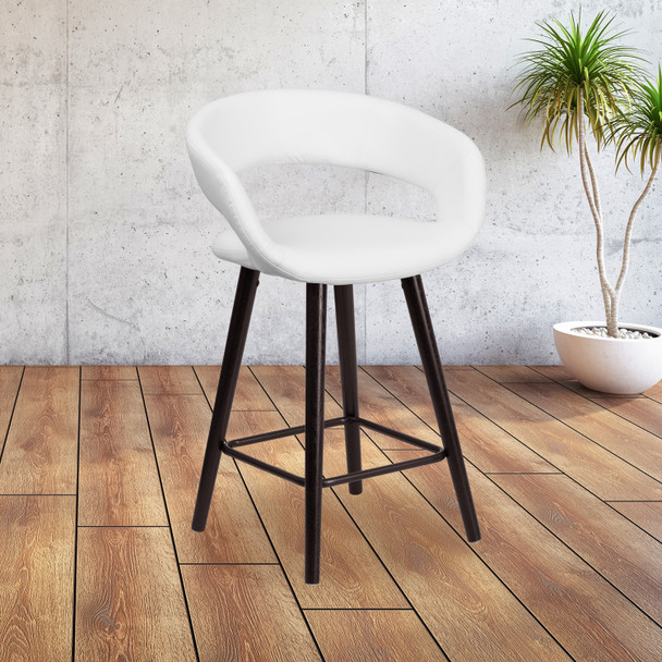 Brynn Series 23.75'' High Contemporary Cappuccino Wood Counter Height Stool in White Vinyl