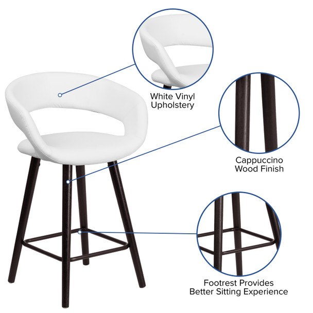 Brynn Series 23.75'' High Contemporary Cappuccino Wood Counter Height Stool in White Vinyl