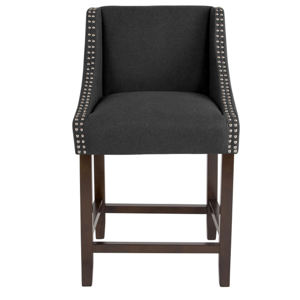 Carmel Series 24" High Transitional Walnut Counter Height Stool with Accent Nail Trim in Charcoal Fabric
