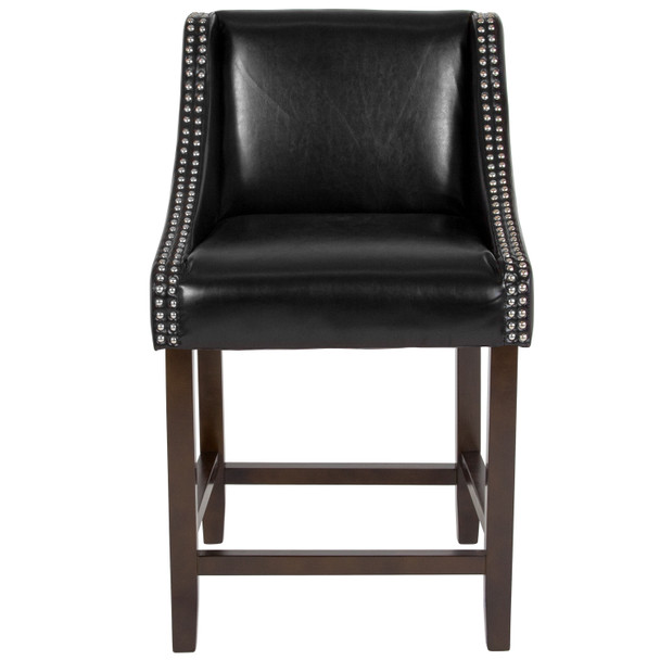 Carmel Series 24" High Transitional Walnut Counter Height Stool with Nail Trim in Black LeatherSoft