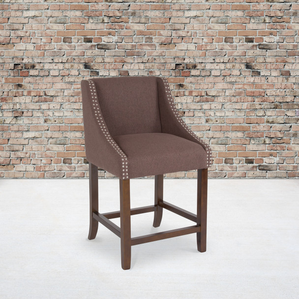Carmel Series 24" High Transitional Walnut Counter Height Stool with Accent Nail Trim in Brown Fabric