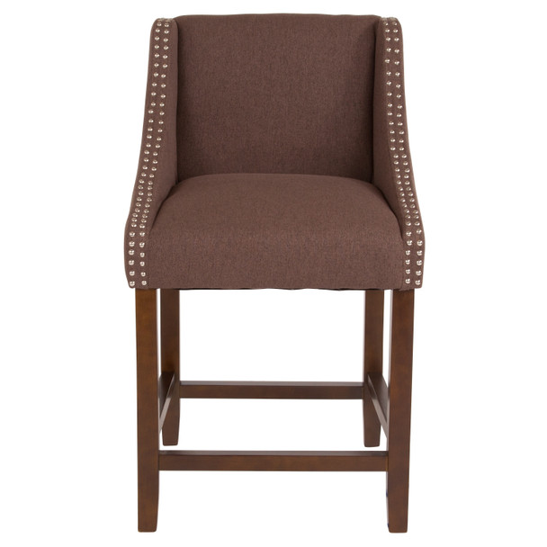 Carmel Series 24" High Transitional Walnut Counter Height Stool with Accent Nail Trim in Brown Fabric