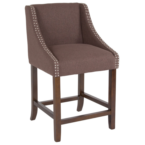 Carmel Series 24" High Transitional Walnut Counter Height Stool with Accent Nail Trim in Brown Fabric