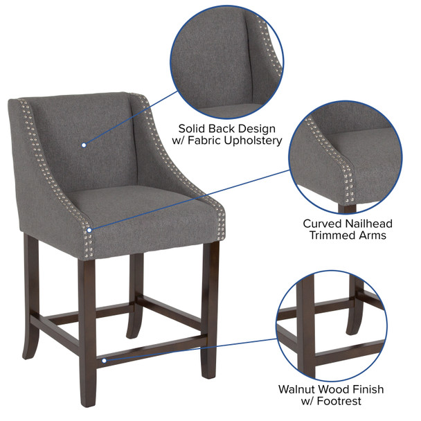 Carmel Series 24" High Transitional Walnut Counter Height Stool with Accent Nail Trim in Dark Gray Fabric