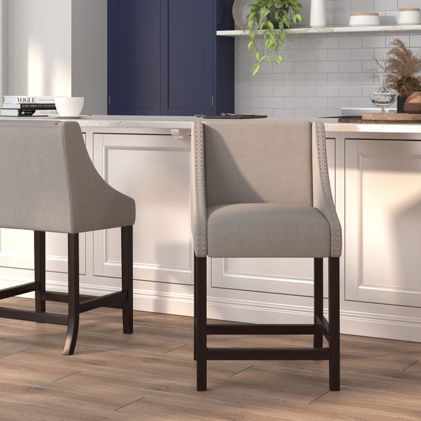 Carmel Series 24" High Transitional Walnut Counter Height Stool with Accent Nail Trim in Light Gray Fabric