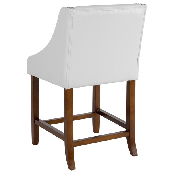Carmel Series 24" High Transitional Walnut Counter Height Stool with Nail Trim in White LeatherSoft