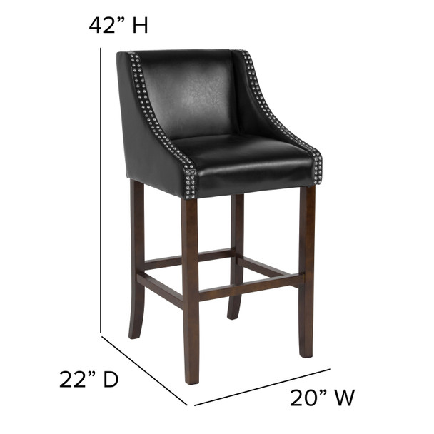 Carmel Series 30" High Transitional Walnut Barstool with Accent Nail Trim in Black LeatherSoft