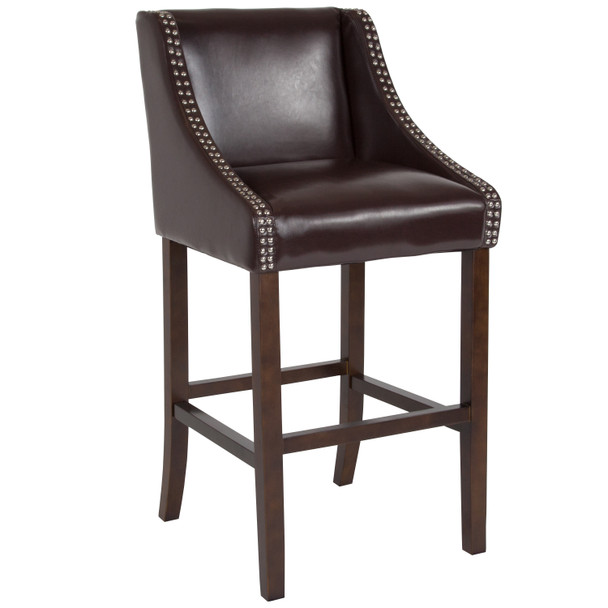 Carmel Series 30" High Transitional Walnut Barstool with Accent Nail Trim in Brown LeatherSoft