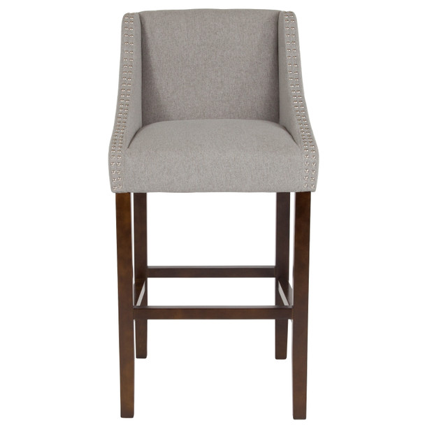 Carmel Series 30" High Transitional Walnut Barstool with Accent Nail Trim in Light Gray Fabric