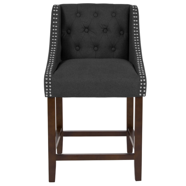Carmel Series 24" High Transitional Tufted Walnut Counter Height Stool with Accent Nail Trim in Charcoal Fabric