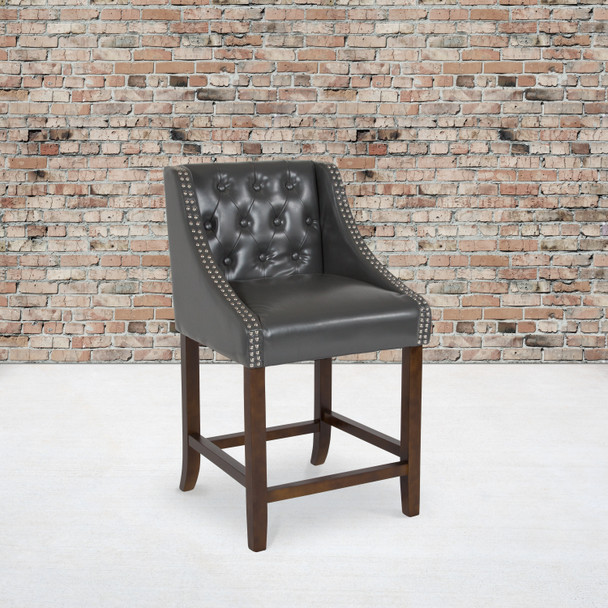 Carmel Series 24" High Transitional Tufted Walnut Counter Height Stool with Accent Nail Trim in Dark Gray LeatherSoft