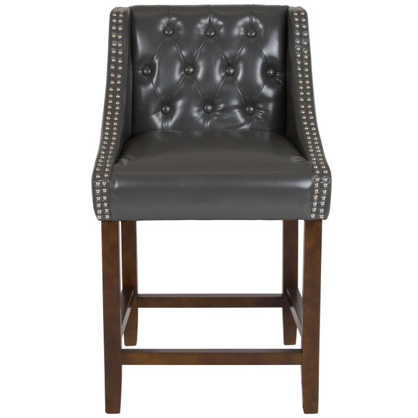 Carmel Series 24" High Transitional Tufted Walnut Counter Height Stool with Accent Nail Trim in Dark Gray LeatherSoft